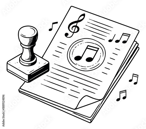 Hand drawn line art illustration of music sheets and a stamp depicting song approval for music copyright