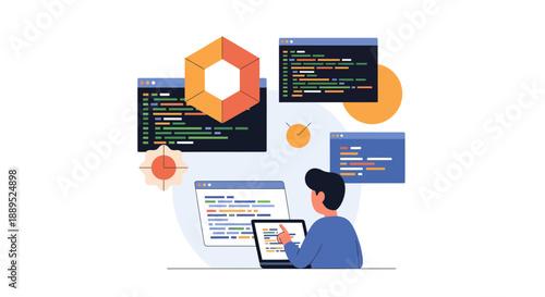 Programmer focused on coding with multiple screens and a laptop.