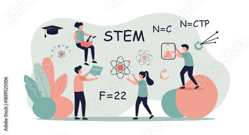 STEM Education Illustration Depicting Students Learning Science and Technology.