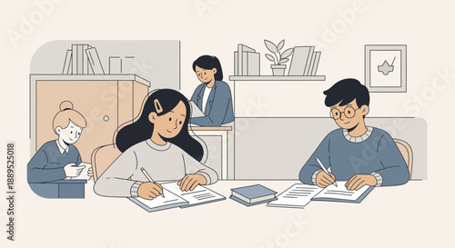 Students diligently studying and writing in their notebooks focused on their tasks.