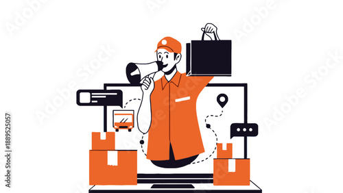 An illustrated delivery man advertising packages on a laptop with a megaphone