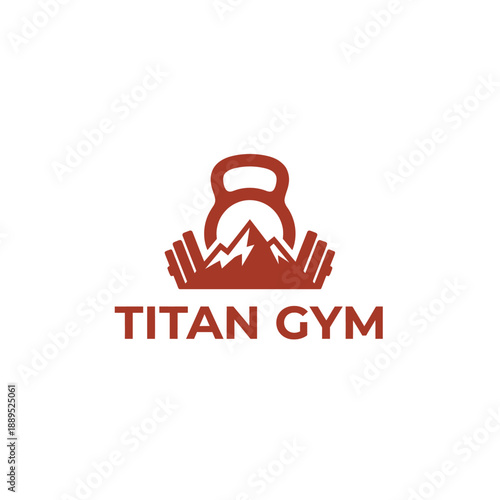 Mountain peak combined with kettlebell and barbell weights icon for fitness center or bodybuilding club branding, Titan Gym identity logo