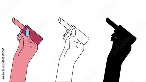 A hand holding a smartphone in three different color styles and formats