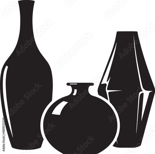 Black and white of three vases bottles containers