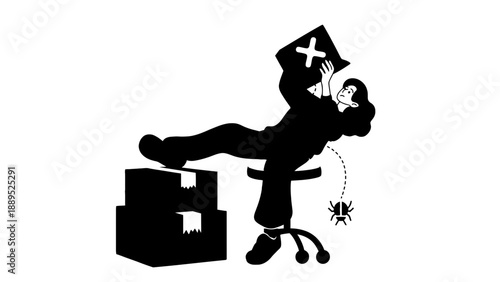 A cartoon woman sitting on stacked boxes with a medical book and spider