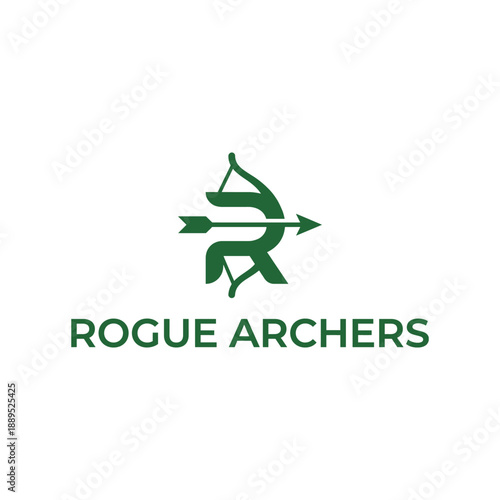 Letter R combined with bow and arrow icon for archery club or outdoor sports equipment branding, professional Rogue Archers identity logo