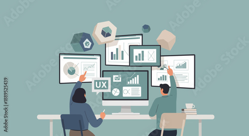 Teamwork and data analysis collaborative work on digital screens.