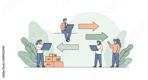 Teamwork and data transfer concept with people using laptops and arrows.