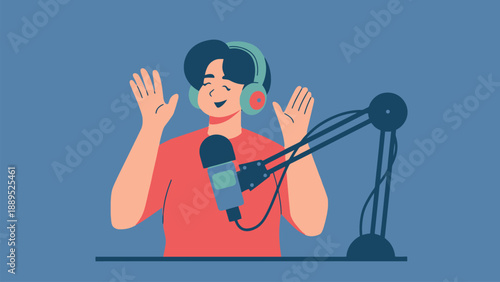 A cartoon man enthusiastically speaking into a microphone while wearing headphones