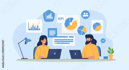 Two individuals collaborating on data analysis and business strategy using laptops.