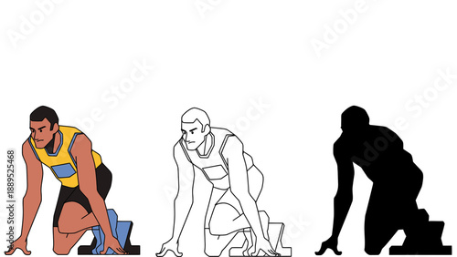 Athlete poised for sprint at starting blocks, showing full color, outline, and silhouette