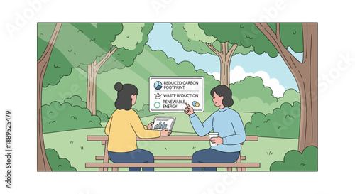 Two women sitting on a bench in a park discussing a sign.