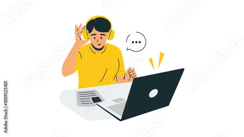 A cartoon man wearing headphones and excitedly using his laptop computer