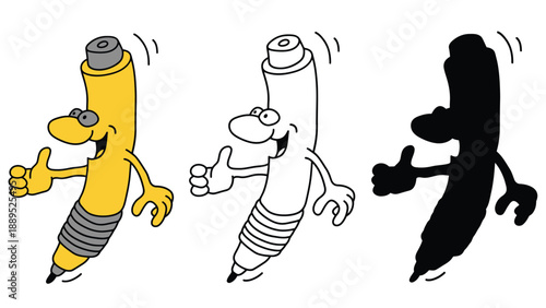 Three colorful cartoon markers dancing and giving thumbs up on white background