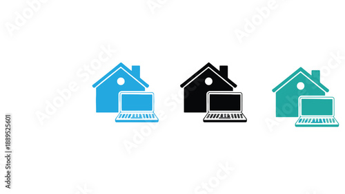 A set of colorful house and laptop icons on a white background