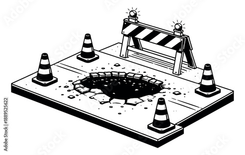 Hand drawn line art illustration of a road hazard depicting a deep pothole, cones, and a barrier for road safety