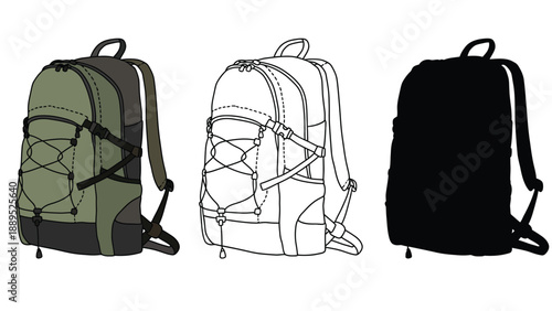 Three different colored backpacks on a white background for design purposes