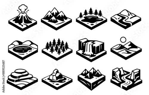 Isometric line art nature landscape icons set featuring volcanoes, mountains, forests, lakes, rivers, and waterfalls for map design or educational resources