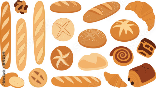 Bakery Bread And Pastry Vector Set Featuring Baguette Croissant Rolls Buns And Sweet Baked Goods Illustration
