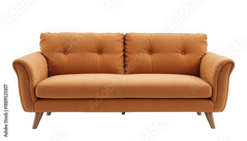 Mid century modern two seater sofa upholstered in textured burnt orange fabric with button tufted back cushions on transparent background
