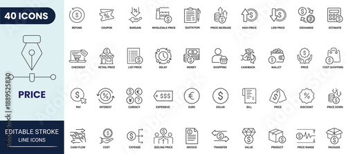 Price line icon set. Includes cost, transfer, payment, price range and more. Editable stroke. Vector illustration.