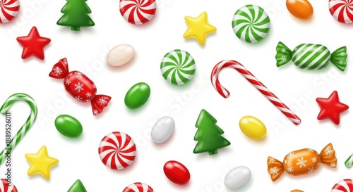 Assorted colorful confectioneries and seasonal sweets are scattered across a bright white background in a repeating pattern.