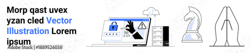 Cybersecurity, data protection, digital safety, hacking threats, authentication, strategic planning. A computer screen with a lockdown and warning icon, a chess knight and hands. Cybersecurity