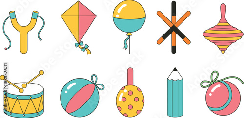 Set of colorful childhood toy icons featuring kite slingshot balloon drum and spinning top vector illustration isolated on grey background