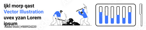 Workers mining with pickaxes next to test tube progress bars symbolizing productivity, teamwork, or resource management. Ideal for business strategy, process efficiency, data visualization