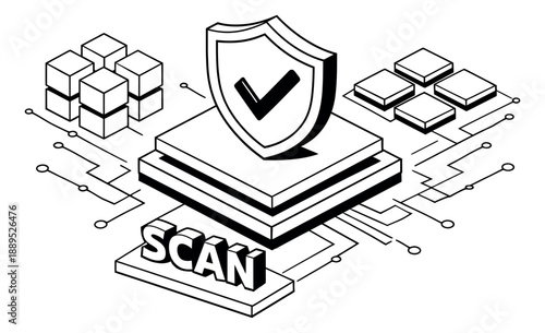 Isometric line art illustration of a security shield depicting data protection and a scan process for cybersecurity