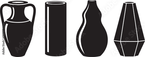 Black and white of four different shaped vases shapes ceramic
