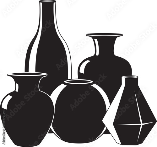Black and white of four vases bottles ceramics