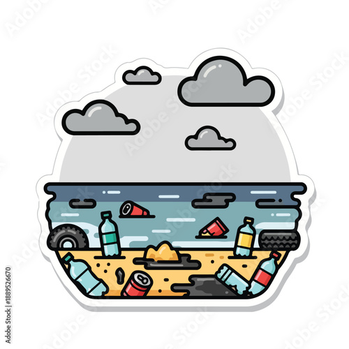 A beach scene with trash and cloudy sky