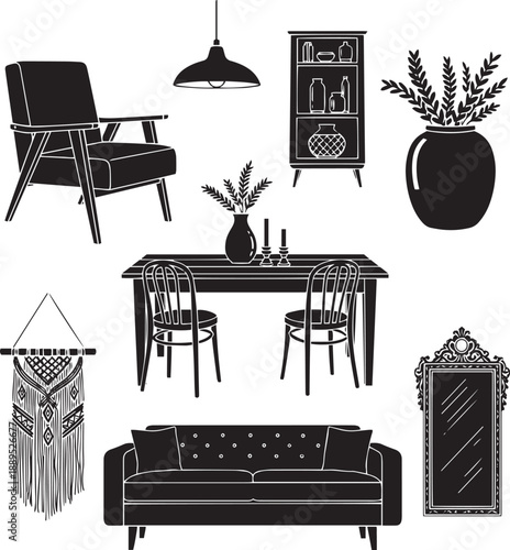 Black and white of various furniture and home decor chair sofa