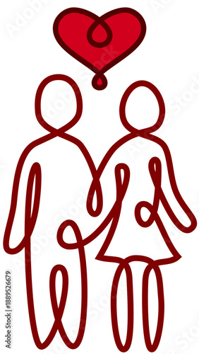 Minimalist continuous line art of man and woman in love, handmade romantic concept One line drawing of a romantic couple holding hands with red heart, minimalist vector illustration.