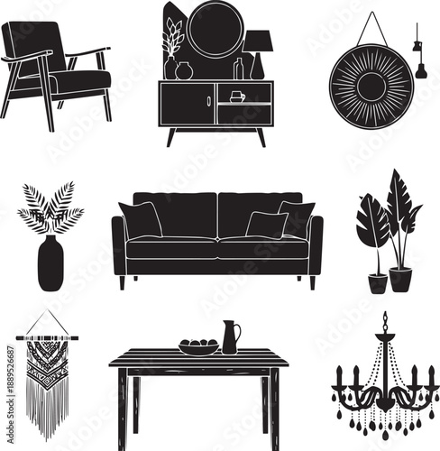 Black and white of various home decor furniture interior black and white chair sofa