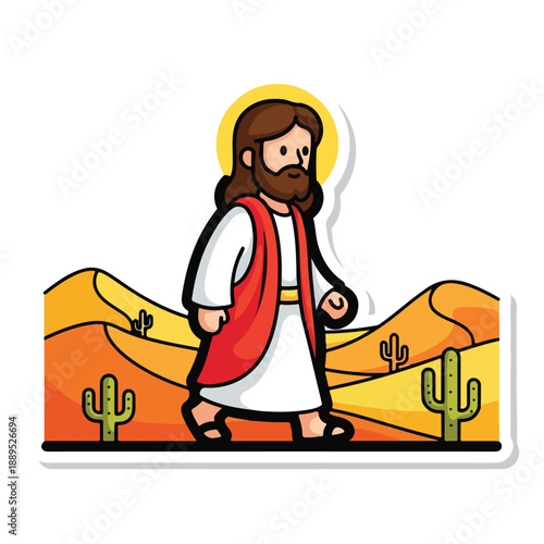 A bearded man in a white robe walks through a desert