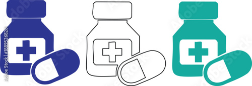 Colorful pill bottle and capsules medical icons set