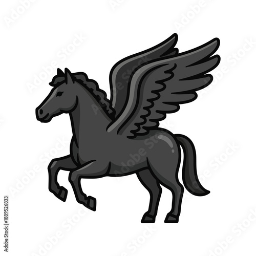 A black cartoon pegasus with wings spread