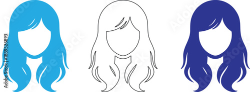 Illustrations of long wavy hair with bangs in blue and purple