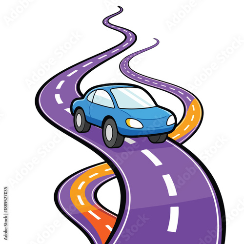 A blue car drives on a winding purple and orange road