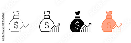 Set of minimalist money growth icons with transparent background, depicting financial success symbols, investment income, profit increase, and savings improvement, vector illustration