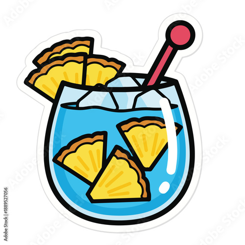 A blue cocktail with pineapple wedges and a red straw