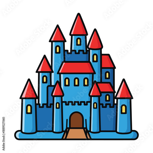 A blue cartoon castle with red roofs and towers