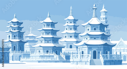 Majestic snow-covered palace complex in a serene winter landscape, featuring traditional multi-tiered pagodas and intricate frozen architectural details