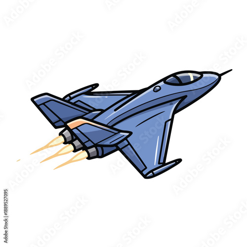 A blue fighter jet flying with flames from its engines