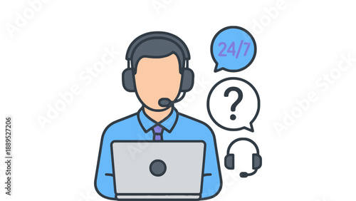 A customer support representative working 24/7 with a headset and laptop