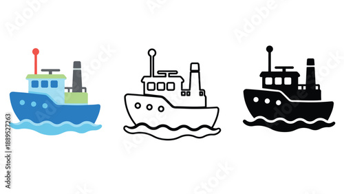 Three different colored boat icons floating on water with various designs
