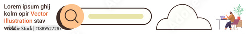 Cloud computing, remote work, data management, technology interface, online research, search tools. Search bar and magnifying glass icon with cloud storage and person working on a laptop. Cloud