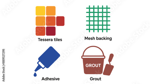 A graphic illustration of tile installation materials and tools on a white background